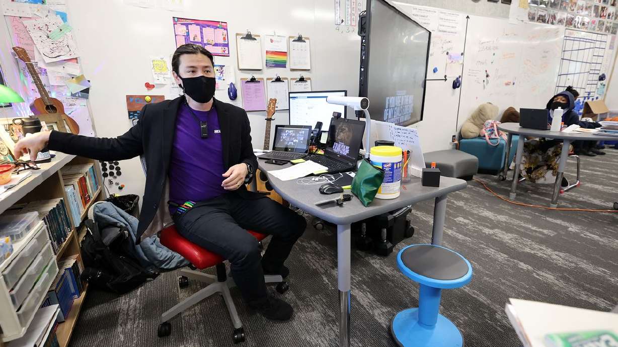 FILE: Meadowlark Elementary teacher John Arthur is pictured
in his classroom at the school on Tuesday, April 13, 2021. Arthur
was recognized as Utah Teacher of the Year in front of his sixth
grade class.
