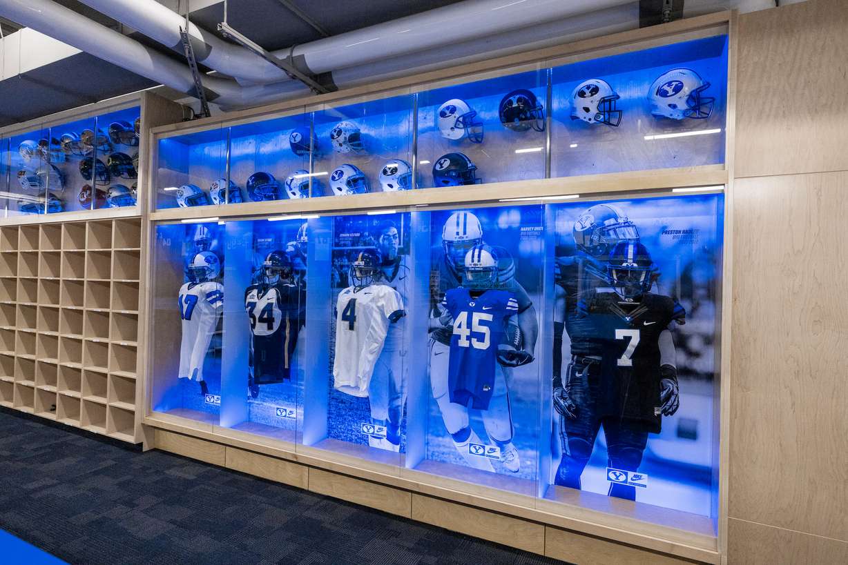 Newly renovated Football Locker Room in the Student Athlete Building, unveiled to players and coaches Monday, June 21, 2021 in Provo.