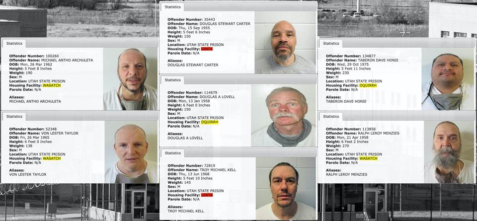 This photo illustration shows the seven men sentenced to die in Utah as of June 2021 and the location where each is housed at the Utah State Prison. Inmate photos courtesy Utah Department of Corrections.