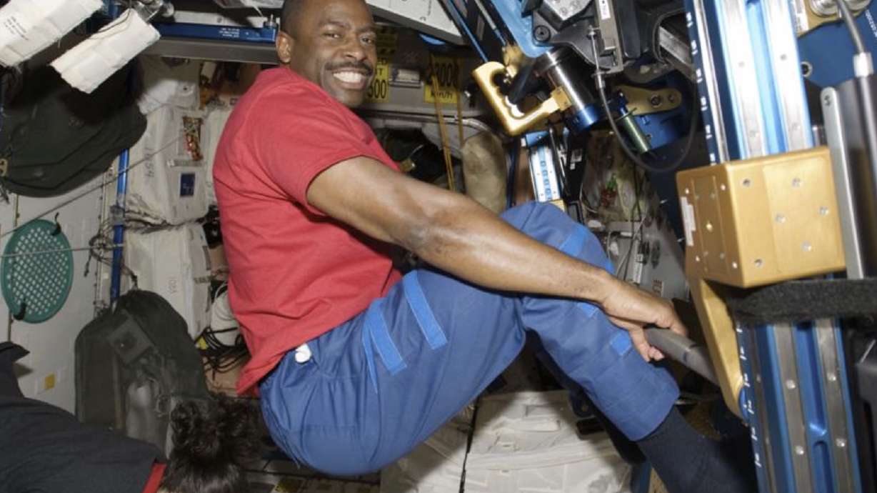 In this Nov. 22, 2009, photo made available by NASA, astronaut Leland Melvin, STS-129 mission specialist, exercises in the Unity module of the International Space Station while the space shuttle Atlantis is docked with the station. Space station astronauts exercise two hours every day to counter the muscle- and bone-withering effects of weightlessness, quickly leaving their workout clothes sweaty, smelly and stiff.
