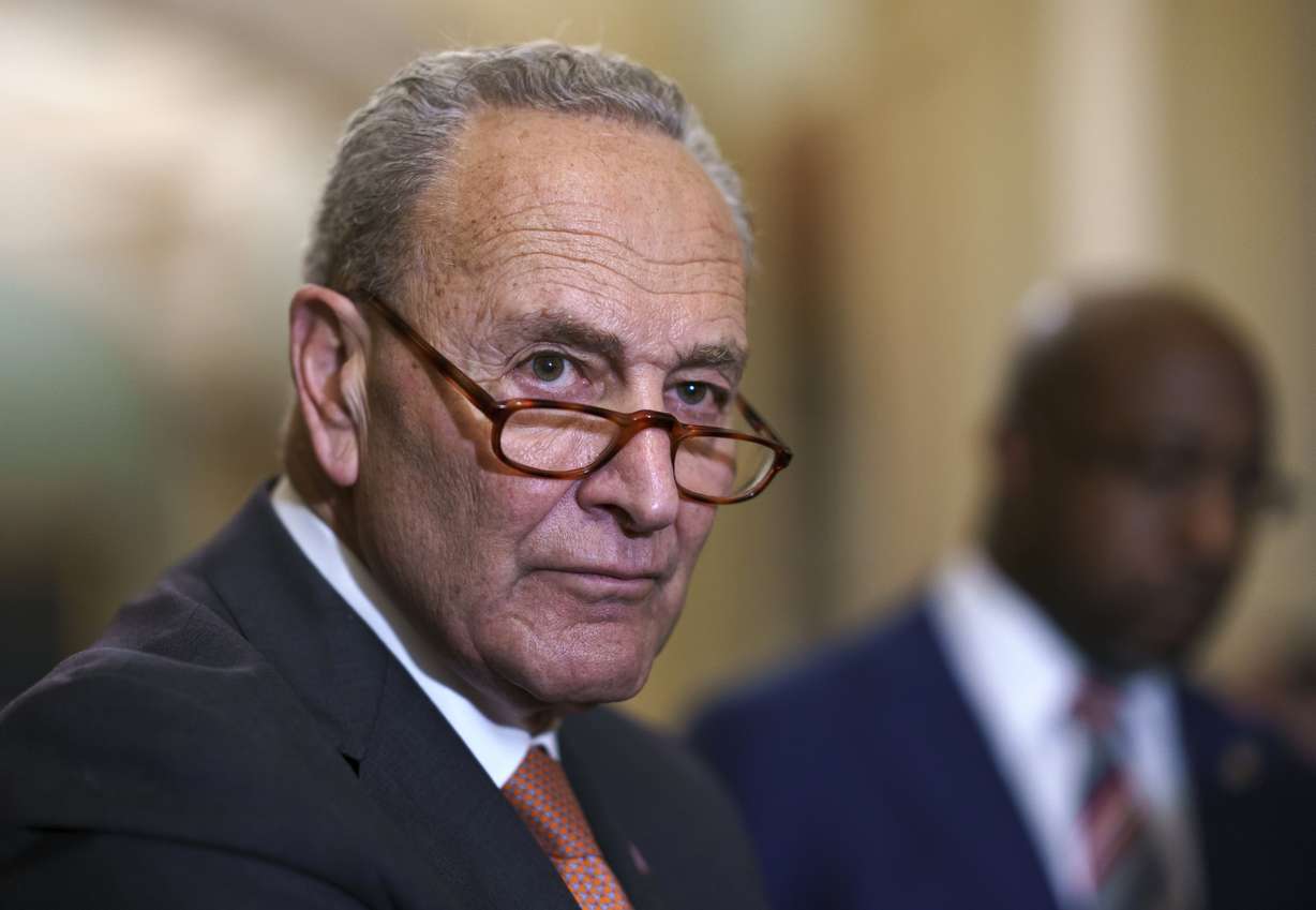 Senate Majority Leader Chuck Schumer, D-N.Y., meets with reporters before a key test vote on the For the People Act, a sweeping bill that would overhaul the election system and voting rights, at the Capitol in Washington, Tuesday, June 22, 2021.