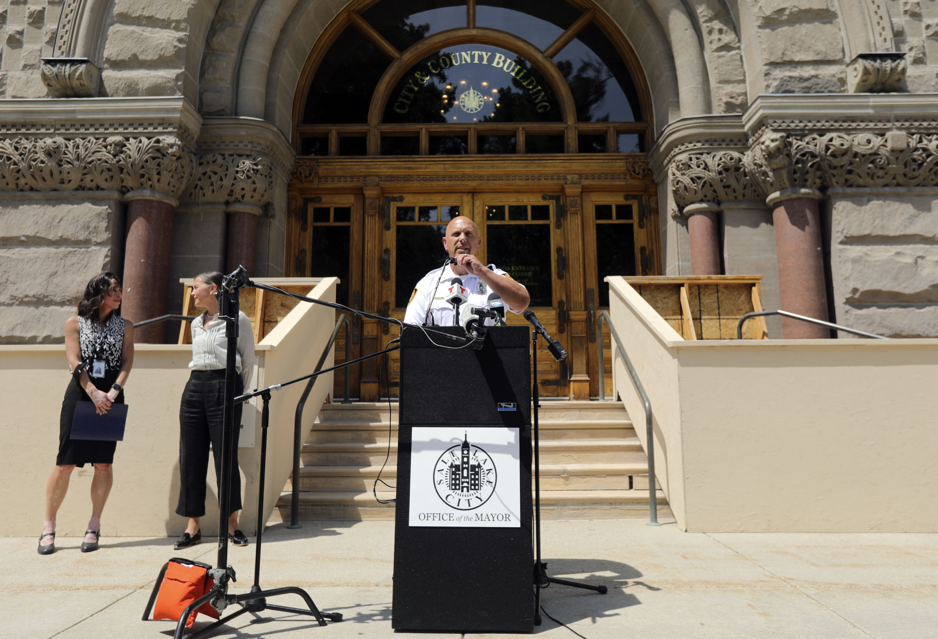 Salt Lake Fire Chief Karl Lieb talks about a citywide ban on fireworks, recreational fires and open burning in response to the extreme drought and high temperatures during a press conference at the City-County Building in Salt Lake City on Tuesday, June 22, 2021. Professional fireworks displays will still happen. The ban is expected to last through Pioneer Day.
