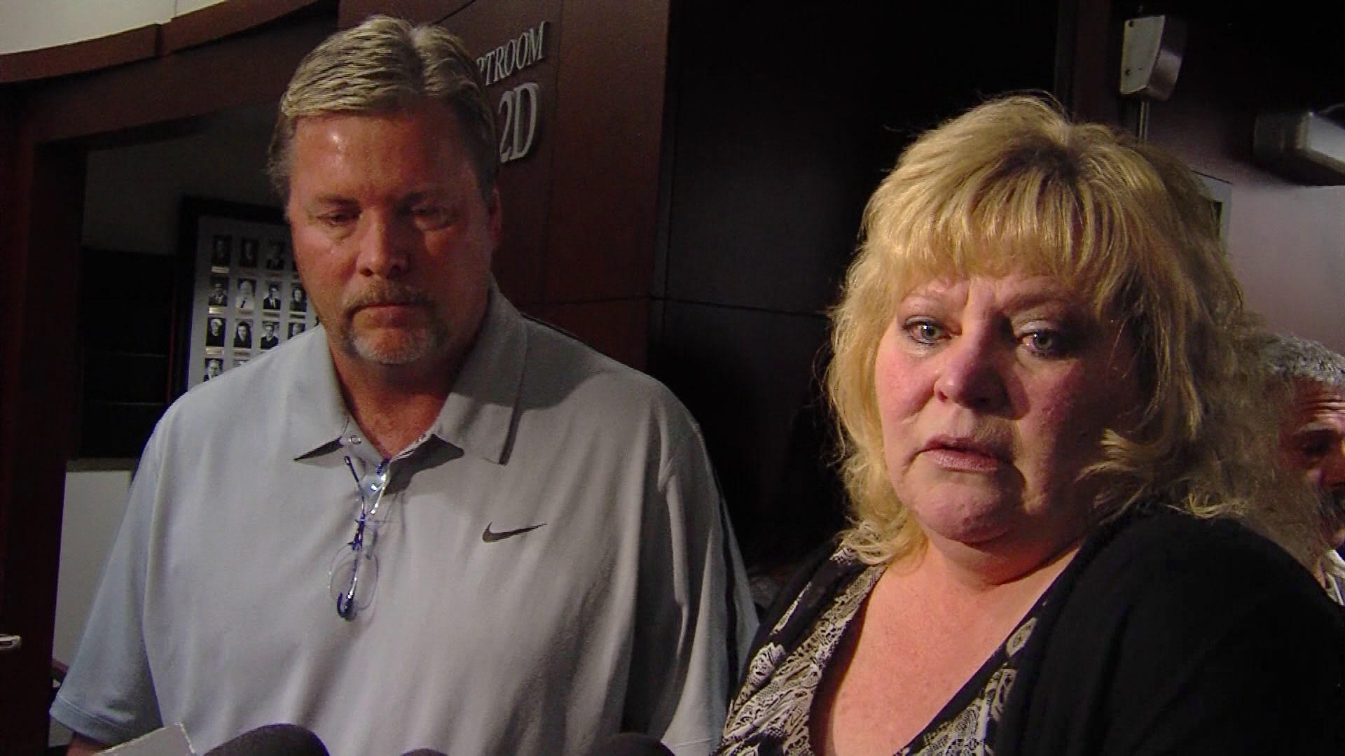 Joyce Yost’s children Greg Roberts, left, and Kim Salazar, right, speak outside 2nd District Court in Ogden in March 2015, following Douglas Lovell’s second sentencing for their mother’s 1985 murder.