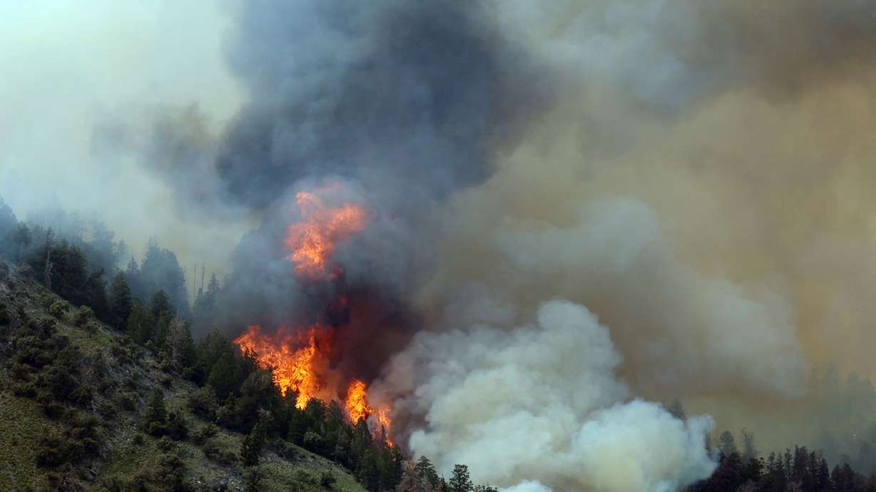 A wildfire burns on Victory Mountain in Morgan Canyon in Tooele County on Tuesday, June 22, 2021. The fire started after
a plane crash.