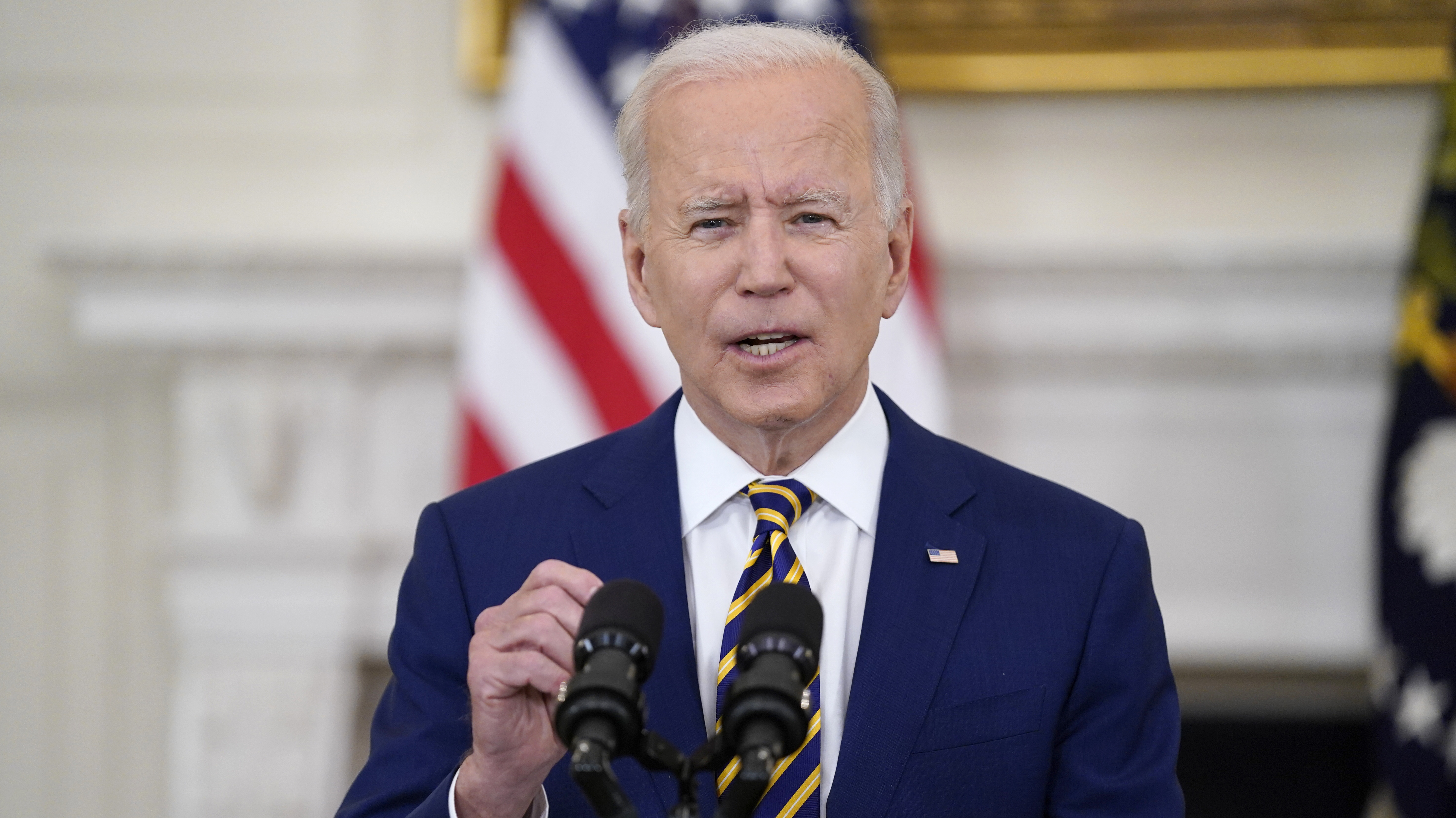 President Joe Biden speaks in the State Dining Room of the White House in Washington, June 18, 2021. He announced new efforts to stem a rising national tide of violent crime Wednesday, June 23, 2021.