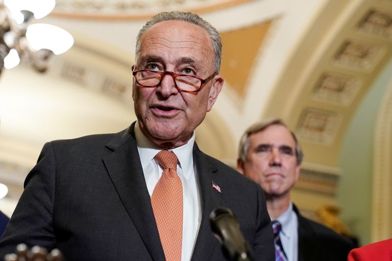 Senate Majority Leader Chuck Schumer, D-NY, speaks to the media after the Senate Democratic policy luncheon on Capitol Hill in Washington, U.S., June 22, 2021.