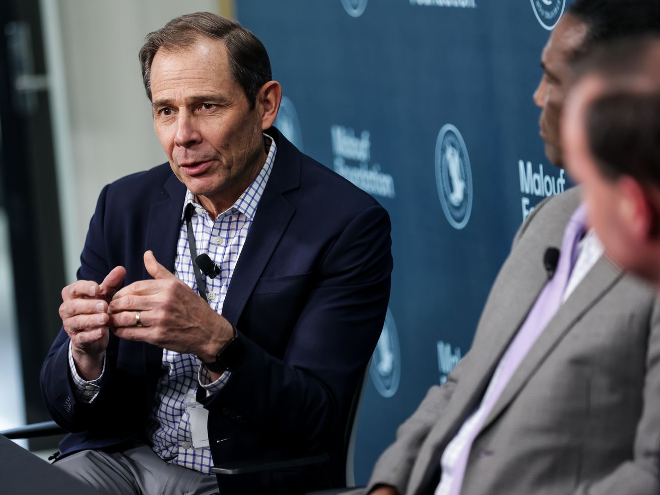 FILE: Rep. John Curtis, R-Utah, speaks to journalists during
a recent summit at the Malouf Foundation in Logan on April 17,
2021. On Wednesday, Curtis announced the launch of the Conservative
Climate Caucus.