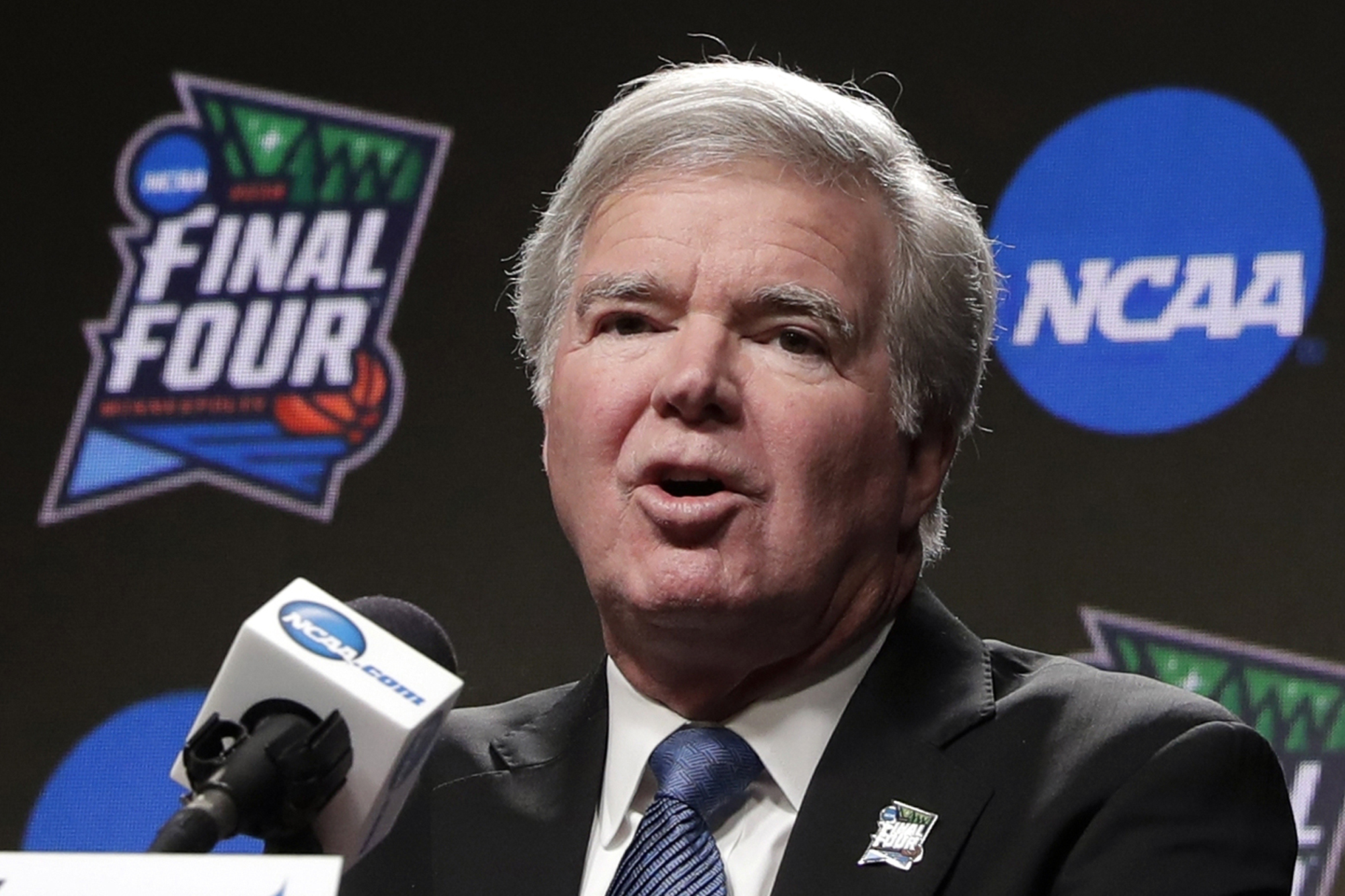 FILE - In this April 4, 2019, file photo, NCAA President Mark Emmert answers questions at a news conference at the Final Four college basketball tournament in Minneapolis.