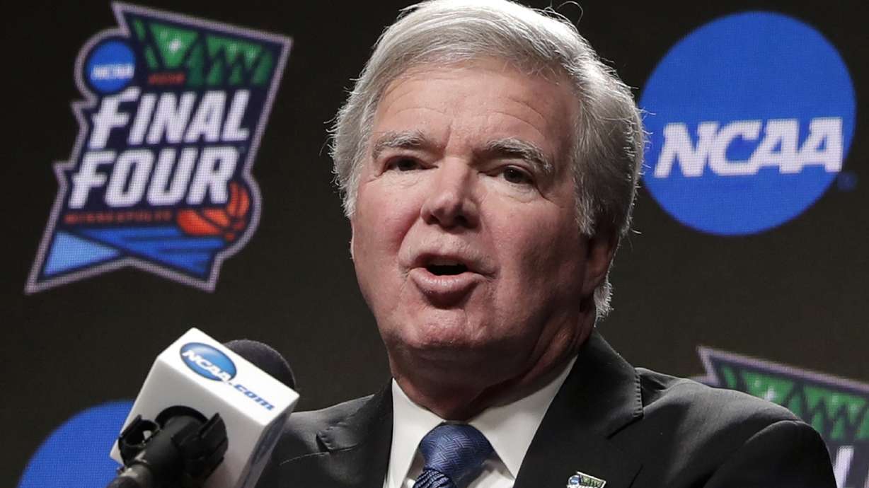 FILE - In this April 4, 2019, file photo, NCAA President Mark Emmert answers questions at a news conference at the Final Four college basketball tournament in Minneapolis.