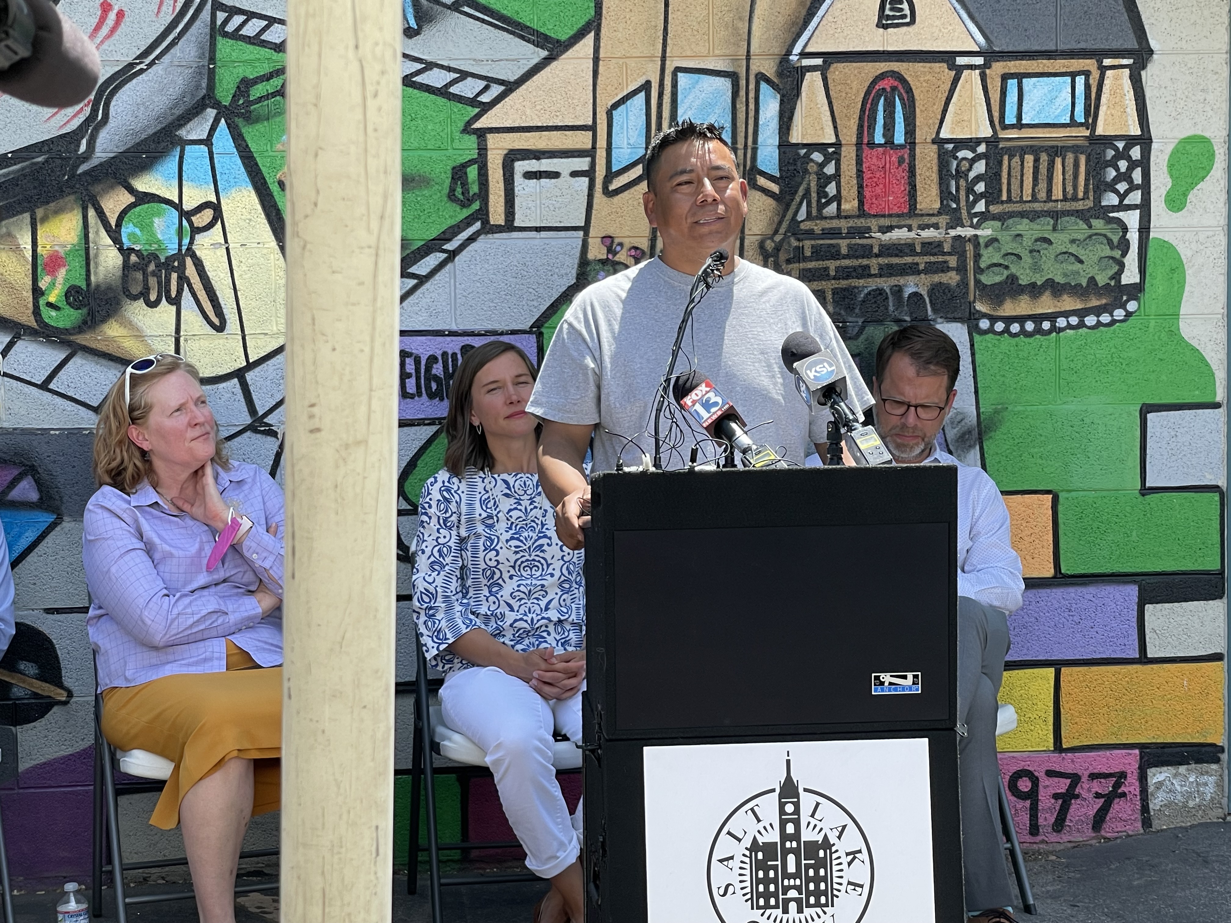 Raoul Feliciano talks about losing his job during the pandemic and needing assistance paying his mortgage in Salt Lake City on Wednesday, June 23, 2021. City leaders including Lani Eggertsen-Goff, director of housing and neighborhood development, left, and Mayor Erin Mendenhall, center, urged residents to seek federal pandemic assistance if needed.