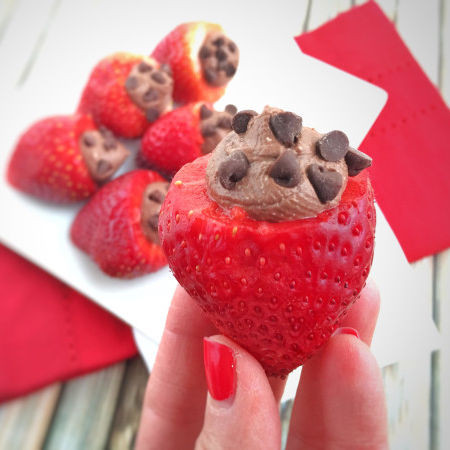 Strawberries filled with chocolate mousse.