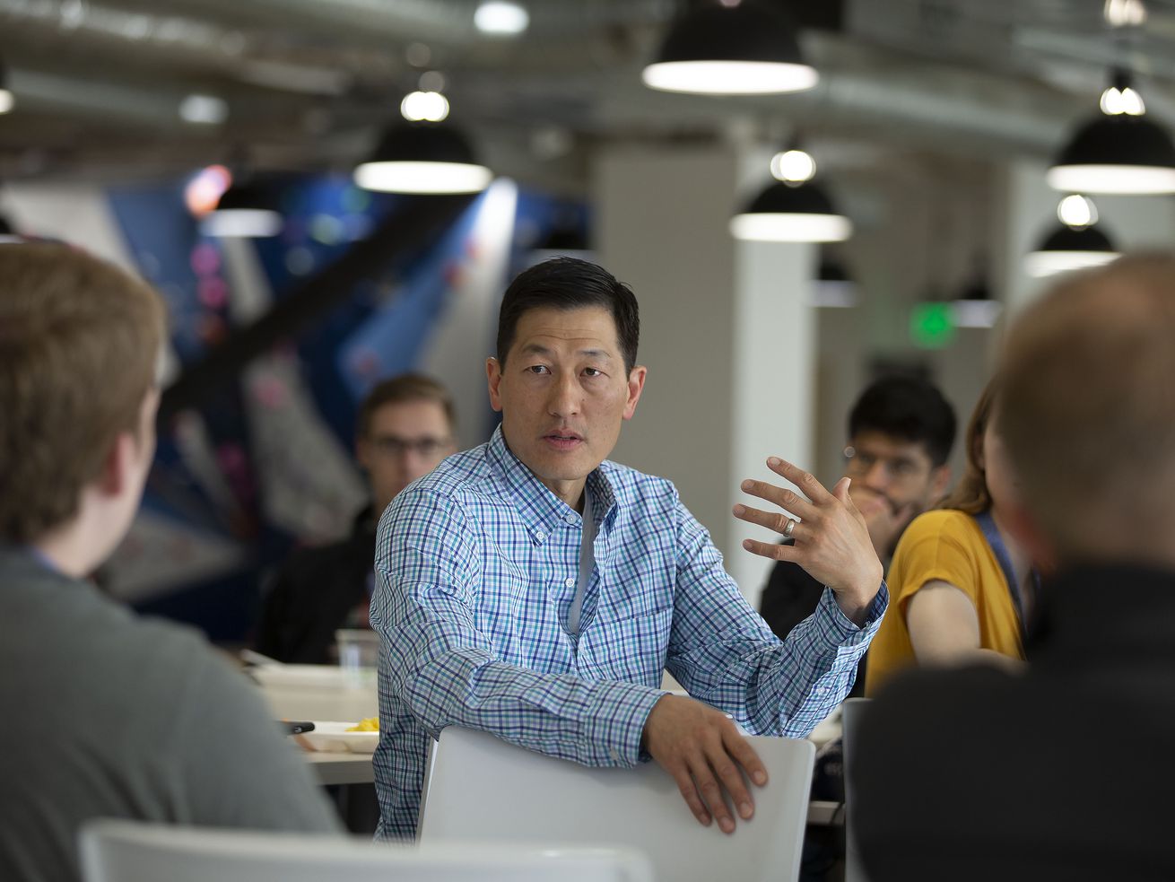 Lucid co-founder and CEO Karl Sun speaks to new employees at the company’s offices in South Jordan on Friday, May 24, 2019. On Thursday, Lucid announced $500 million in new investment and a $3 billion valuation.