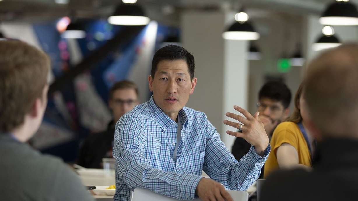 Lucid co-founder and CEO Karl Sun speaks to new employees at the company’s offices in South Jordan on Friday, May 24, 2019. On Thursday, Lucid announced $500 million in new investment and a $3 billion valuation.