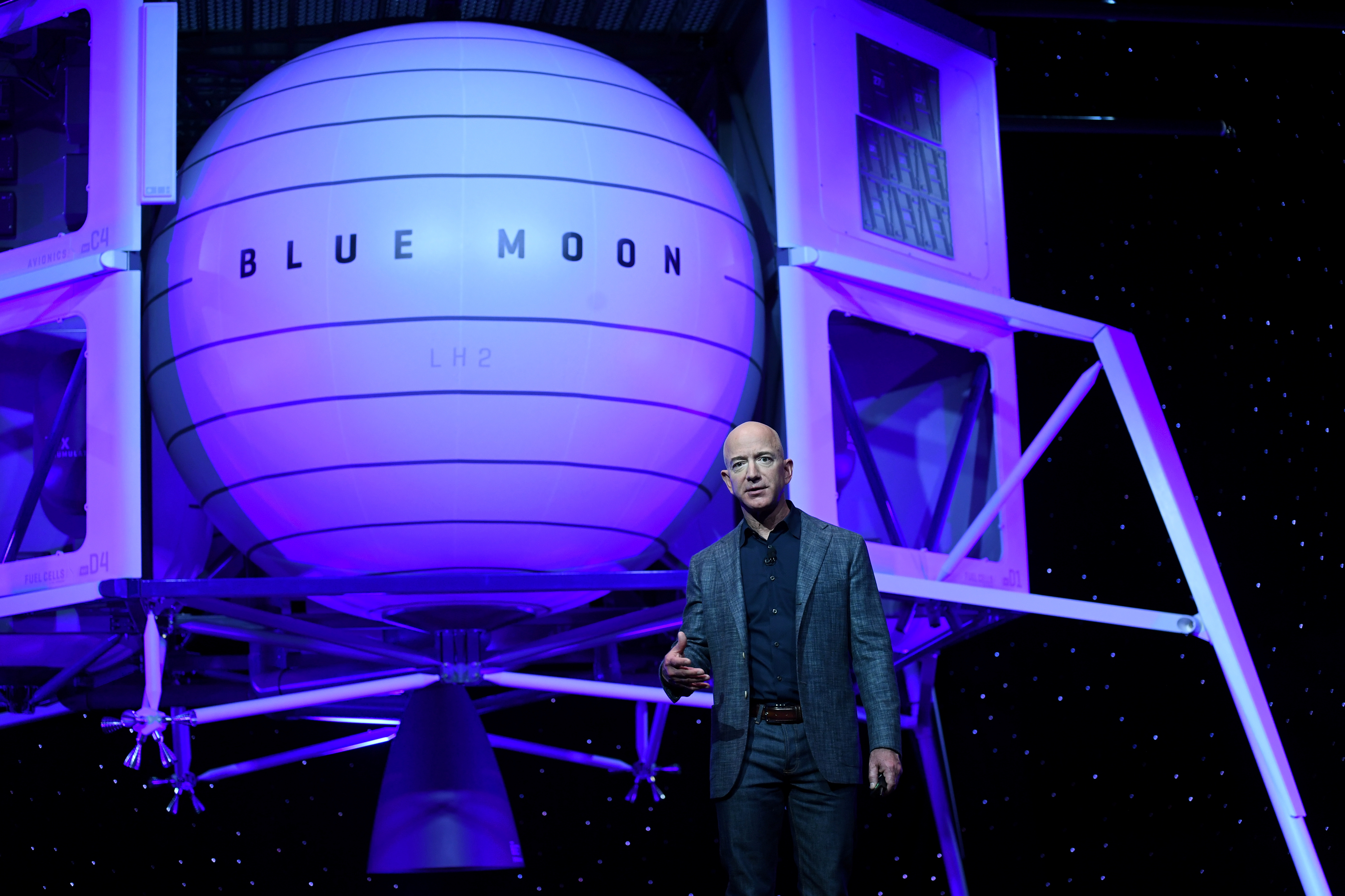 Founder, chairman, CEO and president of Amazon Jeff Bezos unveils his space company Blue Origin's space exploration lunar lander rocket called Blue Moon during an unveiling event in Washington, D.C., on May 9, 2019. 