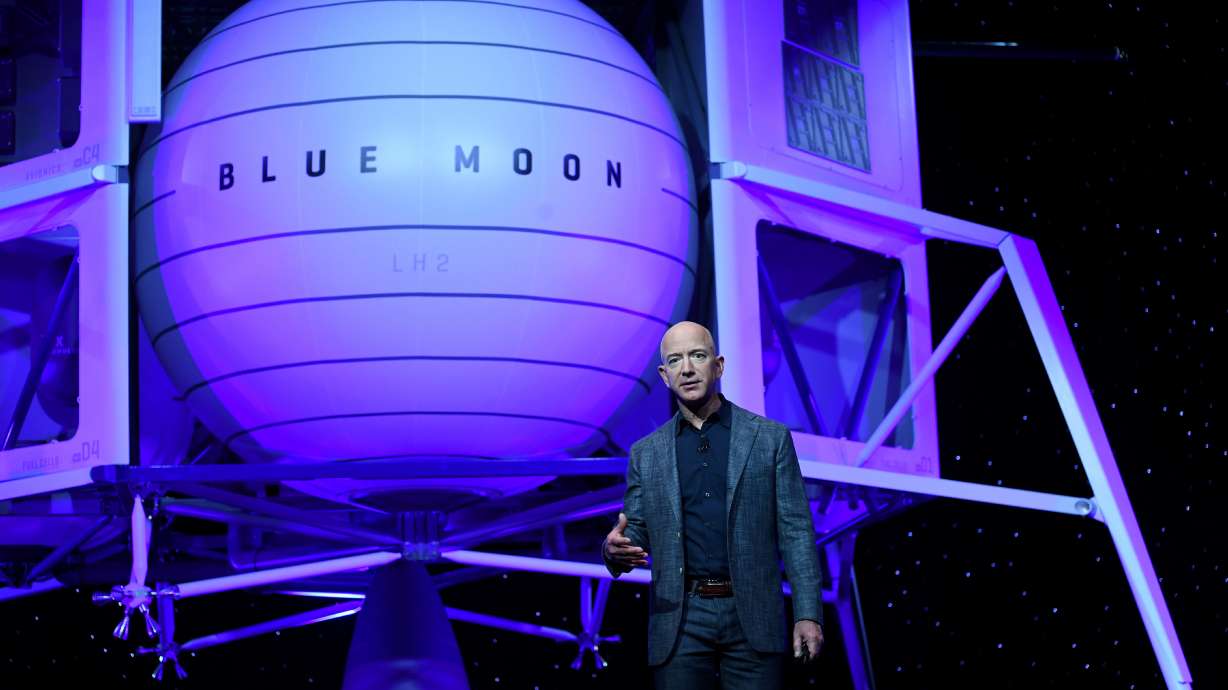 Founder, chairman, CEO and president of Amazon Jeff Bezos unveils his space company Blue Origin's space exploration lunar lander rocket called Blue Moon during an unveiling event in Washington, D.C., on May 9, 2019.