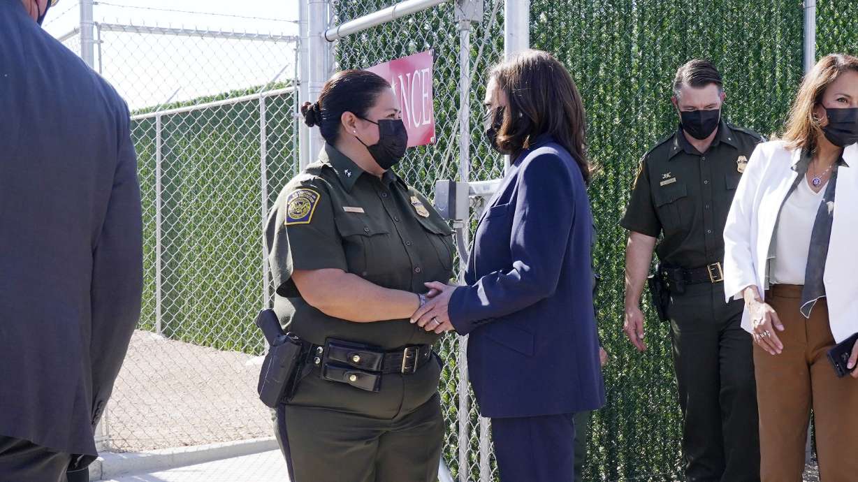 Vice President Kamala Harris talks to Gloria Chavez, Chief Patrol Agent of the El Paso Sector, as she tours the U.S. Customs and Border Protection Central Processing Center, Friday, June 25, 2021, in El Paso, Texas.