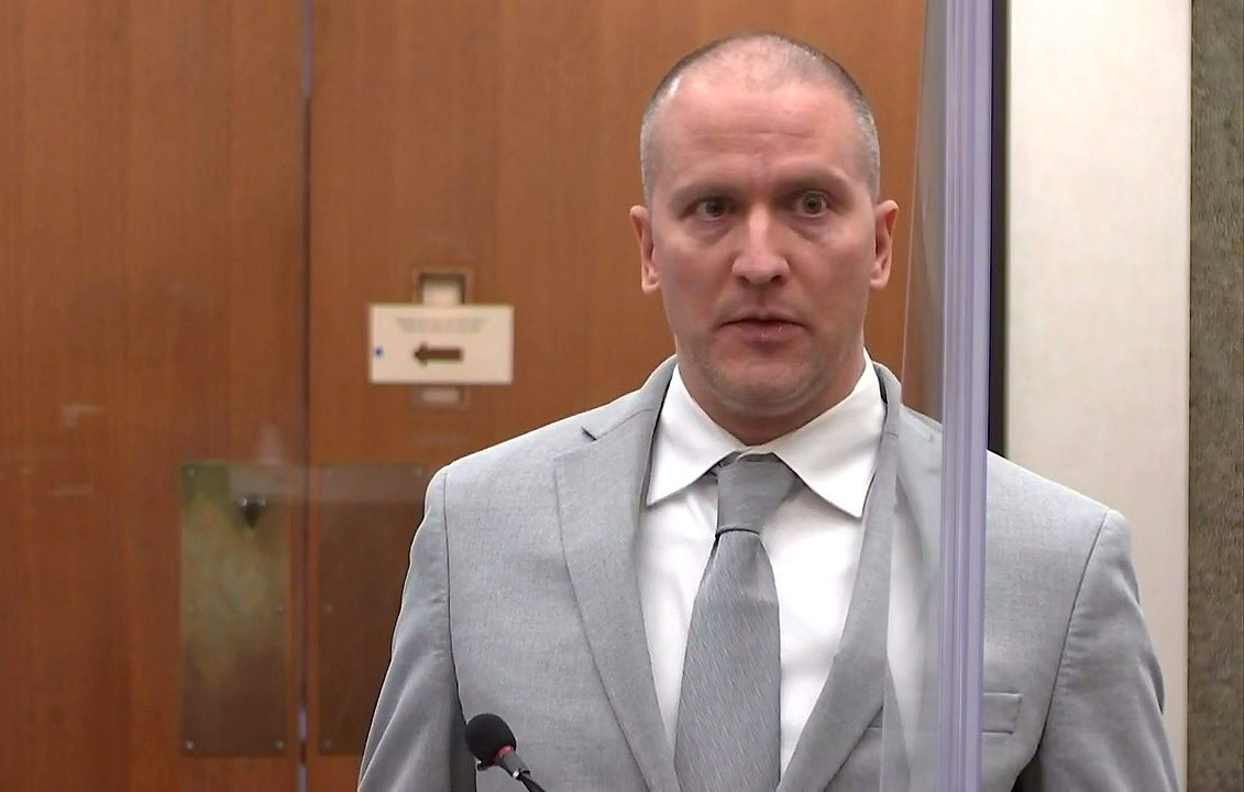 Former Minneapolis police officer Derek Chauvin addresses his sentencing hearing and the judge as he awaits his sentence after being convicted of murder in the death of Floyd in Minneapolis, Minnesota, U.S. June 25, 2021 in a still image from video. 