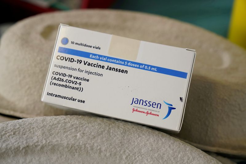 FILE PHOTO: A box of Johnson & Johnson's coronavirus disease (COVID-19) vaccines is seen at the Forem vaccination centre in Pamplona, Spain, April 22, 2021.