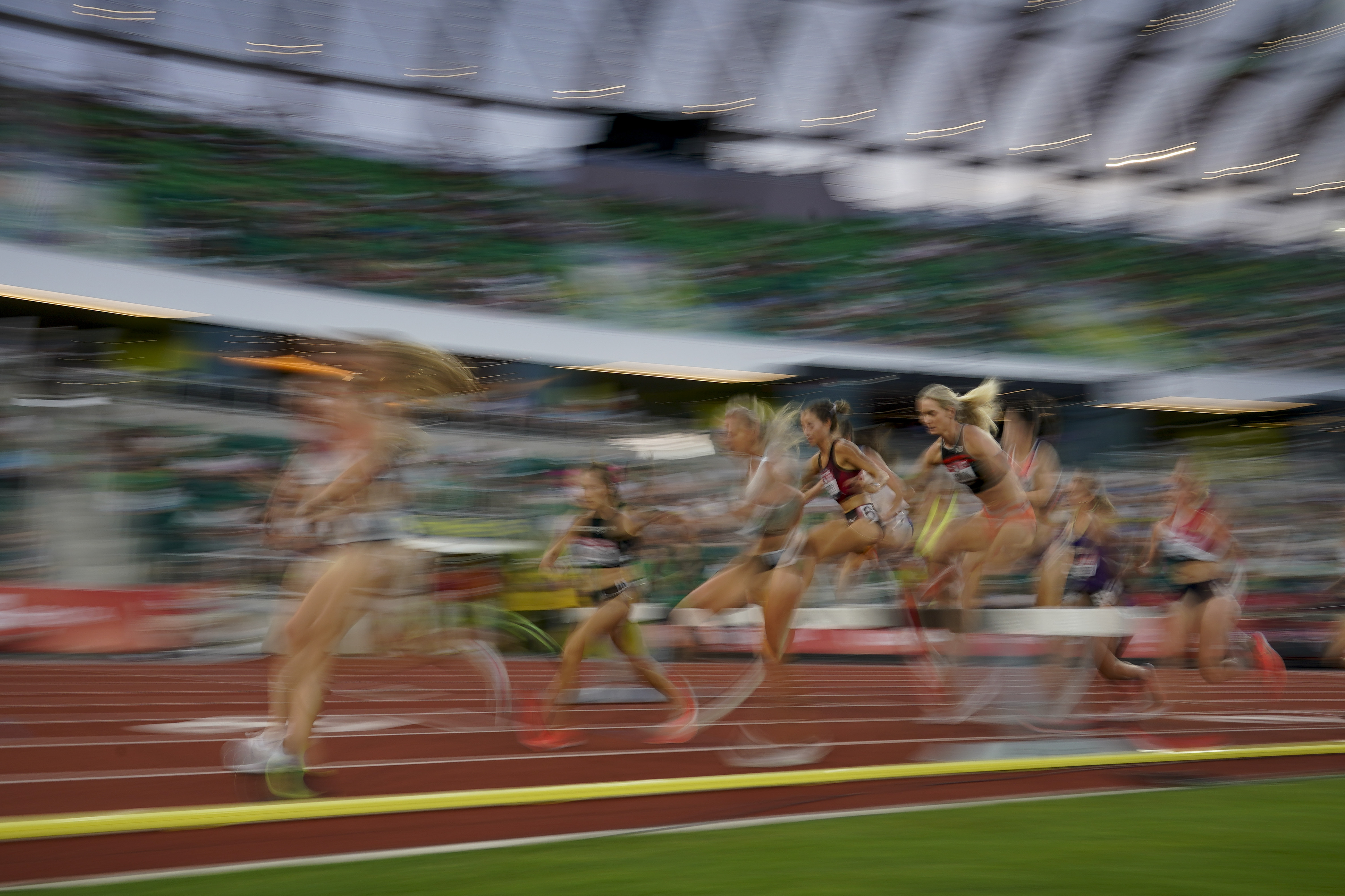 Runners compete in the women's 3000-meter steeplechase at the U.S. Olympic Track and Field Trials Thursday, June 24, 2021, in Eugene, Ore.