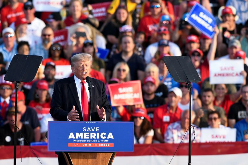 Former U.S. President Trump holds his first post-presidency campaign rally at the Lorain County Fairgrounds in Wellington, Ohio, U.S., June 26, 2021.