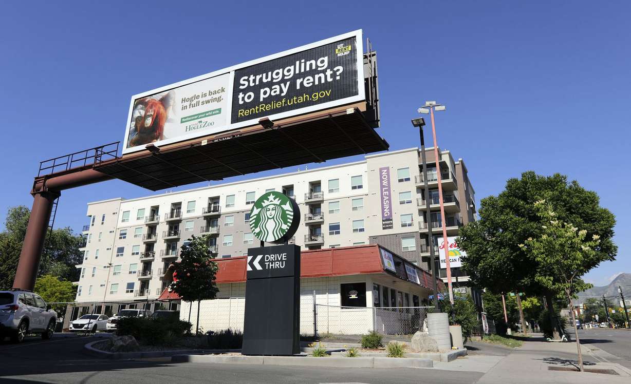 A billboard for RentRelief.utah.gov is pictured on 400 South in Salt Lake City on Thursday, June 3, 2021.