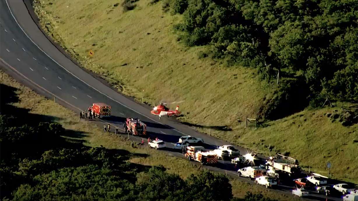 A rollover accident delays traffic on I-80 in Parleys Canyon Monday, June 28, 2021.