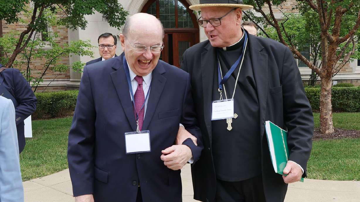 Elder Quentin L. Cook of The Church of Jesus Christ of Latter-day Saints’ Quorum of the Twelve Apostles, and Cardinal
Timothy Dolan, archbishop of New York, share a moment during the Notre Dame Religious Liberty Summit at the University of Notre Dame in South Bend, Ind., on Monday, June 28, 2021.