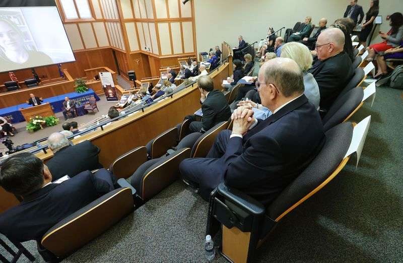 Elder Quentin L. Cook of The Church of Jesus Christ of
Latter-day Saints’ Quorum of the Twelve Apostles, his wife, Sister
Mary Cook, and Cardinal Timothy Dolan, Catholic archbishop of New
York, listen during the Notre Dame Religious Liberty Summit at the
University of Notre Dame in South Bend, Indiana, on Monday, June
28, 2021.
