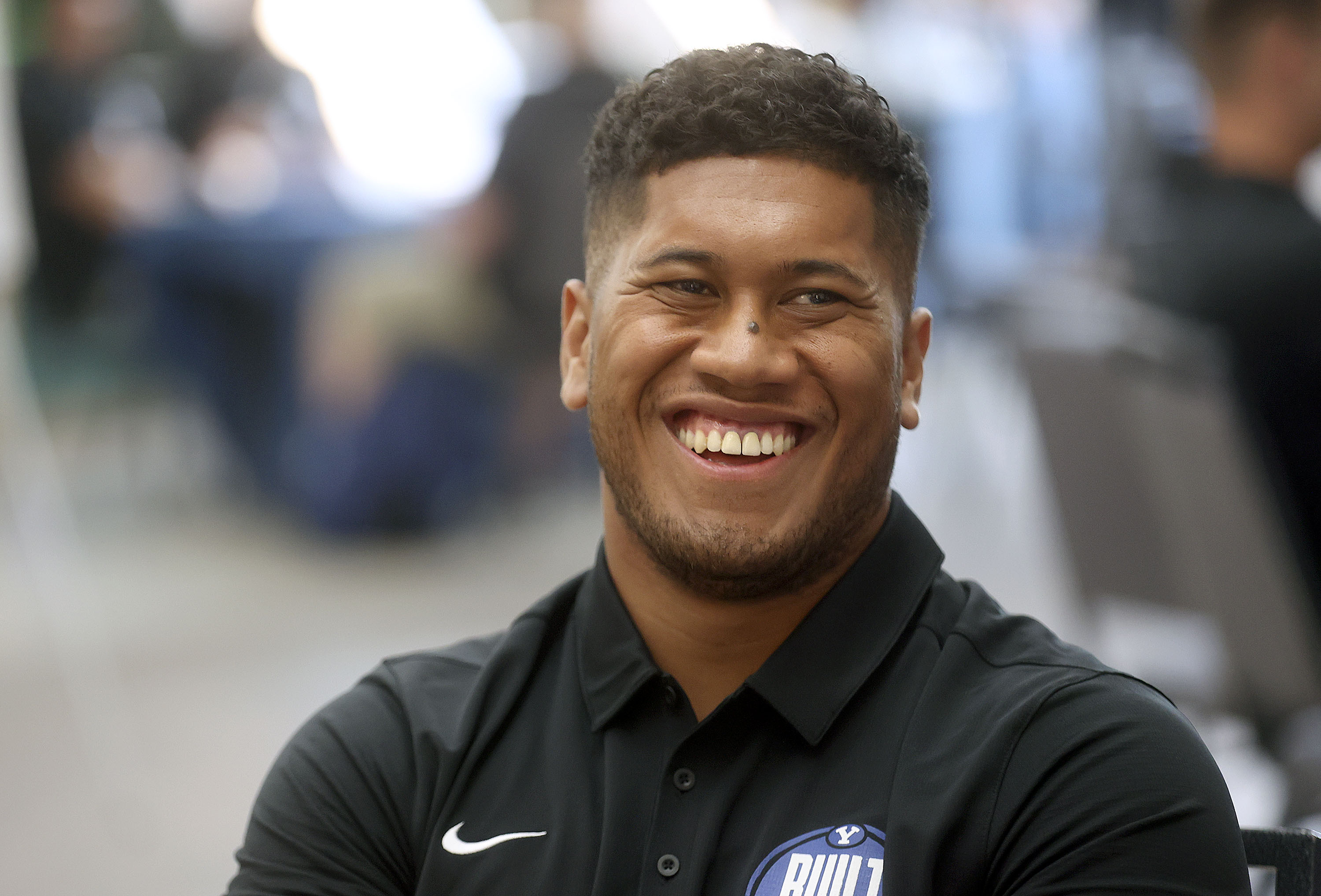 BYU defensive lineman Uriah Leiataua talks to media during BYU football media day in Provo, Thursday, June 17, 2021. Leiataua is one of two "Super Seniors" on BYU's defense taking advantage of a free season of eligibility by the NCAA.