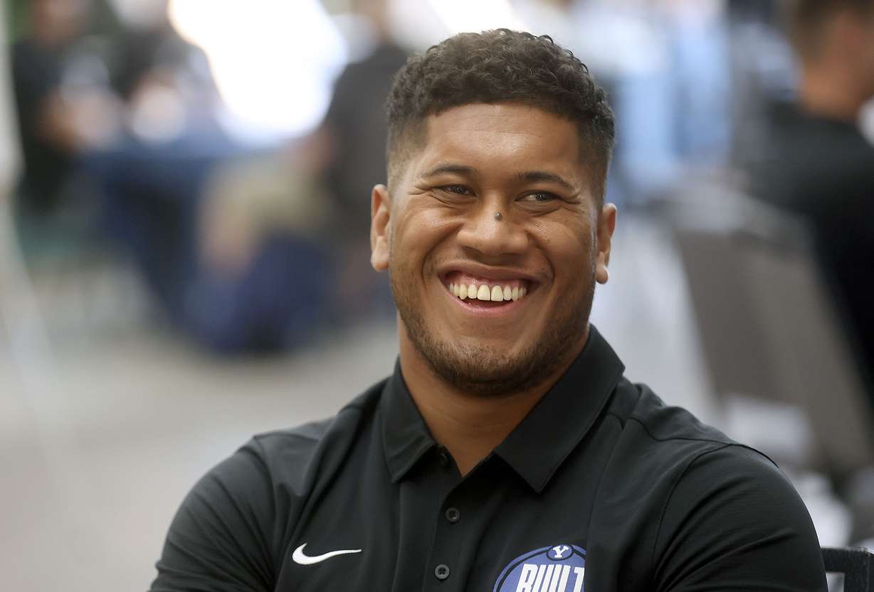 BYU defensive lineman Uriah Leiataua talks to media during BYU football media day in Provo, Thursday, June 17, 2021. Leiataua is one of two "Super Seniors" on BYU's defense taking advantage of a free season of eligibility by the NCAA.