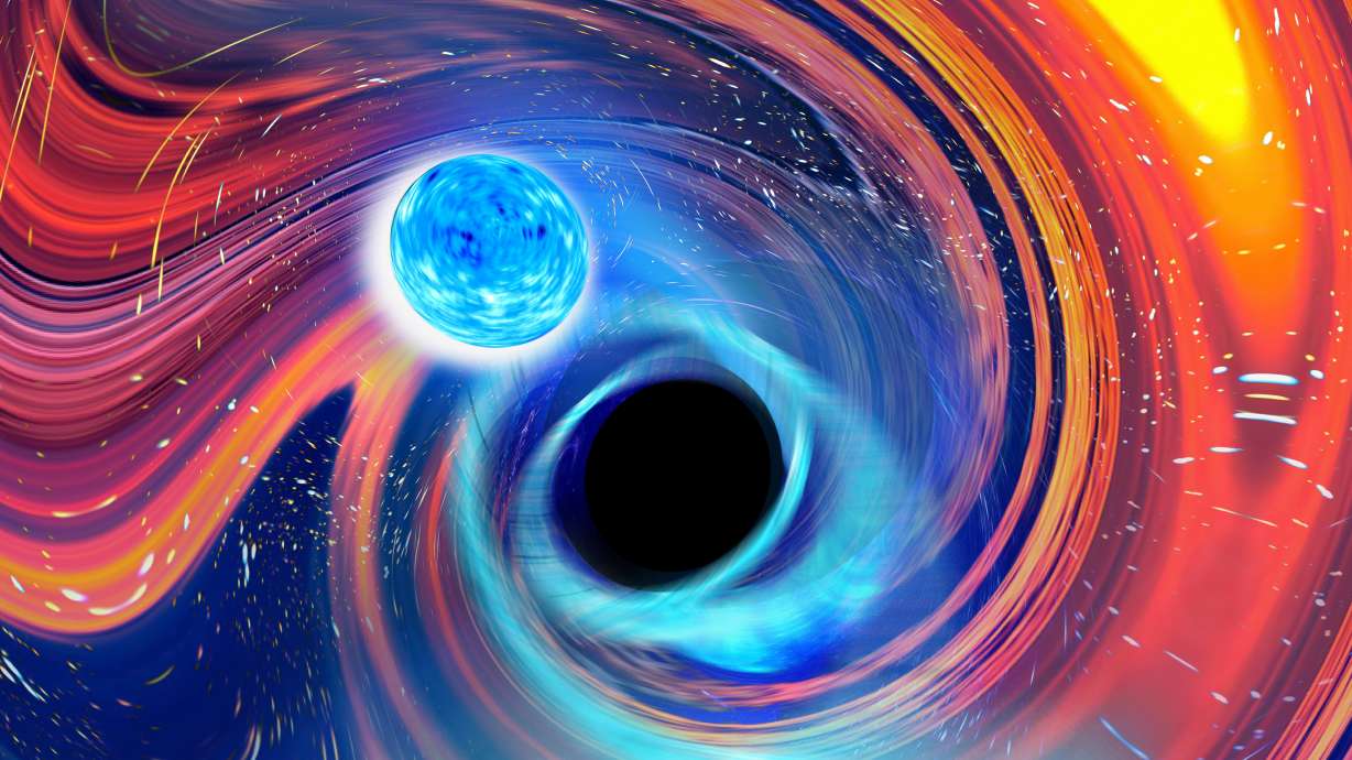 This illustration provided by Carl Knox depicts a black hole, center, swallowing a neutron star, upper left. The blue lines are gravitational waves, ripples in time and space, which is how astronomers detected the merger, and orange and red areas indicate parts of the neutron star being stripped away.