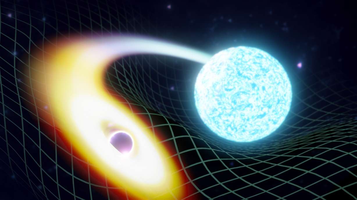 This illustration provided by Soheb Mandhai depicts the warping of time and space as a black hole, left, is about to swallow a neutron star.