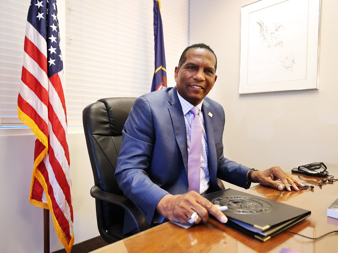 Rep. Burgess Owens, R-Utah, poses for a photograph following an interview at his West Jordan offices on Monday, April
12, 2021. The Federal Election Commission has fined Owens nearly $4,000 for failing to timely report $34,000 in contributions to his 2020 campaign.