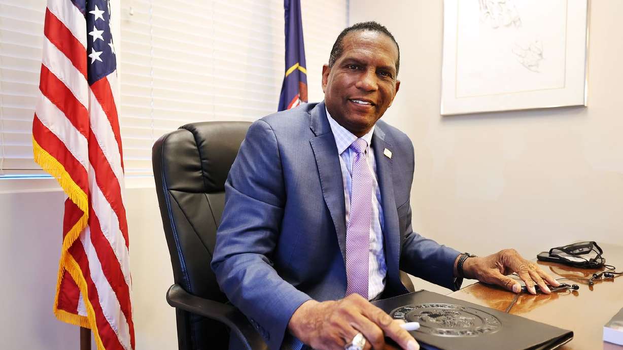 Rep. Burgess Owens, R-Utah, poses for a photograph following an interview at his West Jordan offices on Monday, April
12, 2021. The Federal Election Commission has fined Owens nearly $4,000 for failing to timely report $34,000 in contributions to his 2020 campaign.