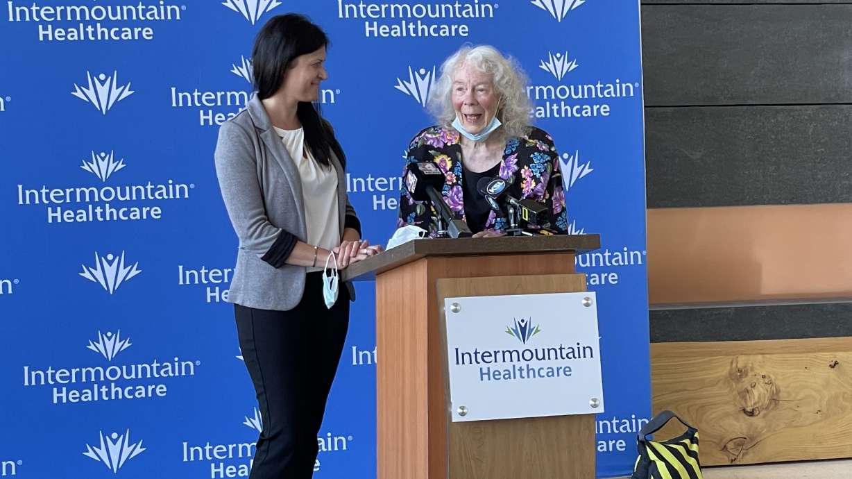 Loraine Jensen, right, with nurse Mailee Taylor, left, talks about receiving a relatively new heart procedure. Intermountain Healthcare honored Jensen as the 2,021st patient to receive transcatheter aortic valve replacement at Intermountain Medical Center in Murray on Tuesday, June 29, 2021.