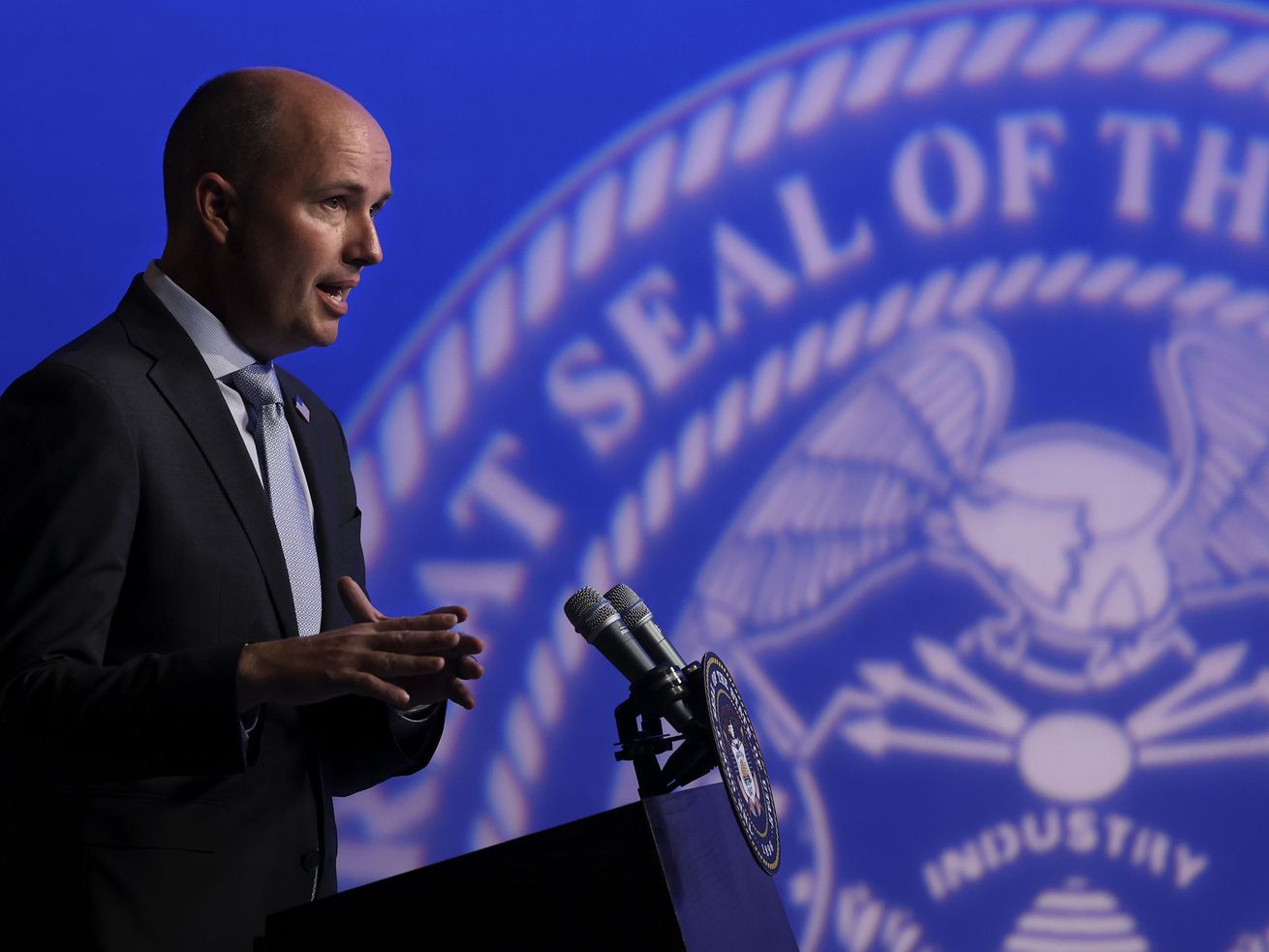 Gov. Spencer Cox speaks during the PBS Utah Governor’s
Monthly News Conference at the Eccles Broadcast Center in Salt Lake
City on Thursday, June 17, 2021. Following a May decree by Cox,
pandemic-related unemployment benefits for some 24,000 workers
ended over the weekend, but results from a new Deseret
News/Hinckley Institute of Politics poll show Utahns are
overwhelmingly supportive of the changes.