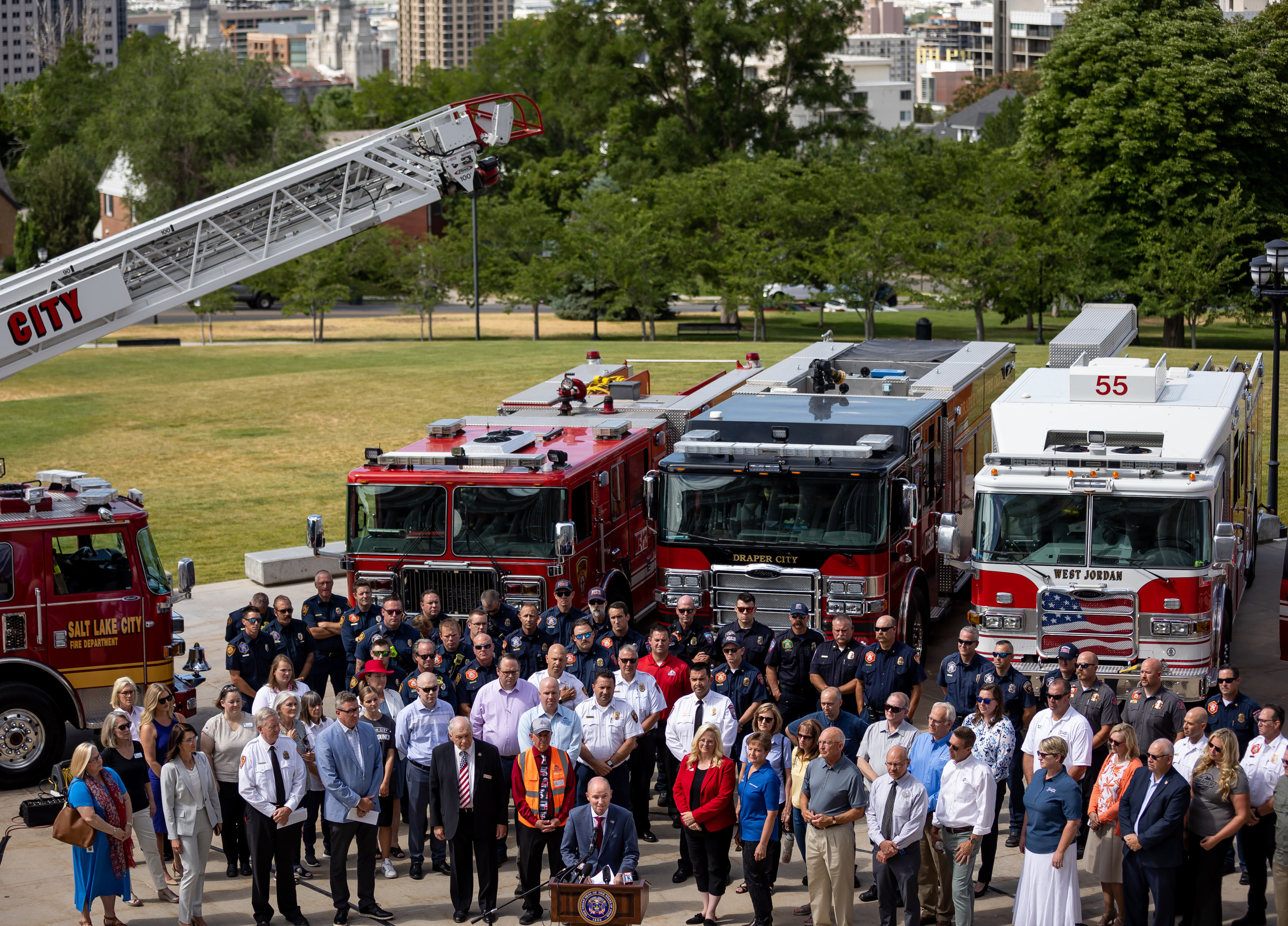 Utah Gov. Spencer Cox, flanked by local elected officials and fire personnel, urges Utahns to not use personal fireworks due to the state's exceptional drought during a press conference at the state Capitol in Salt Lake City on Wednesday, June 30, 2021.