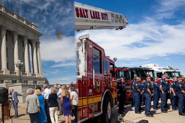 Gov. Spencer Cox, reflected at left in a firetruck, urges Utahns not to use personal fireworks due to the stateâs exceptional drought during a press conference at the Capitol in Salt Lake City on Wednesday, June 30, 2021.