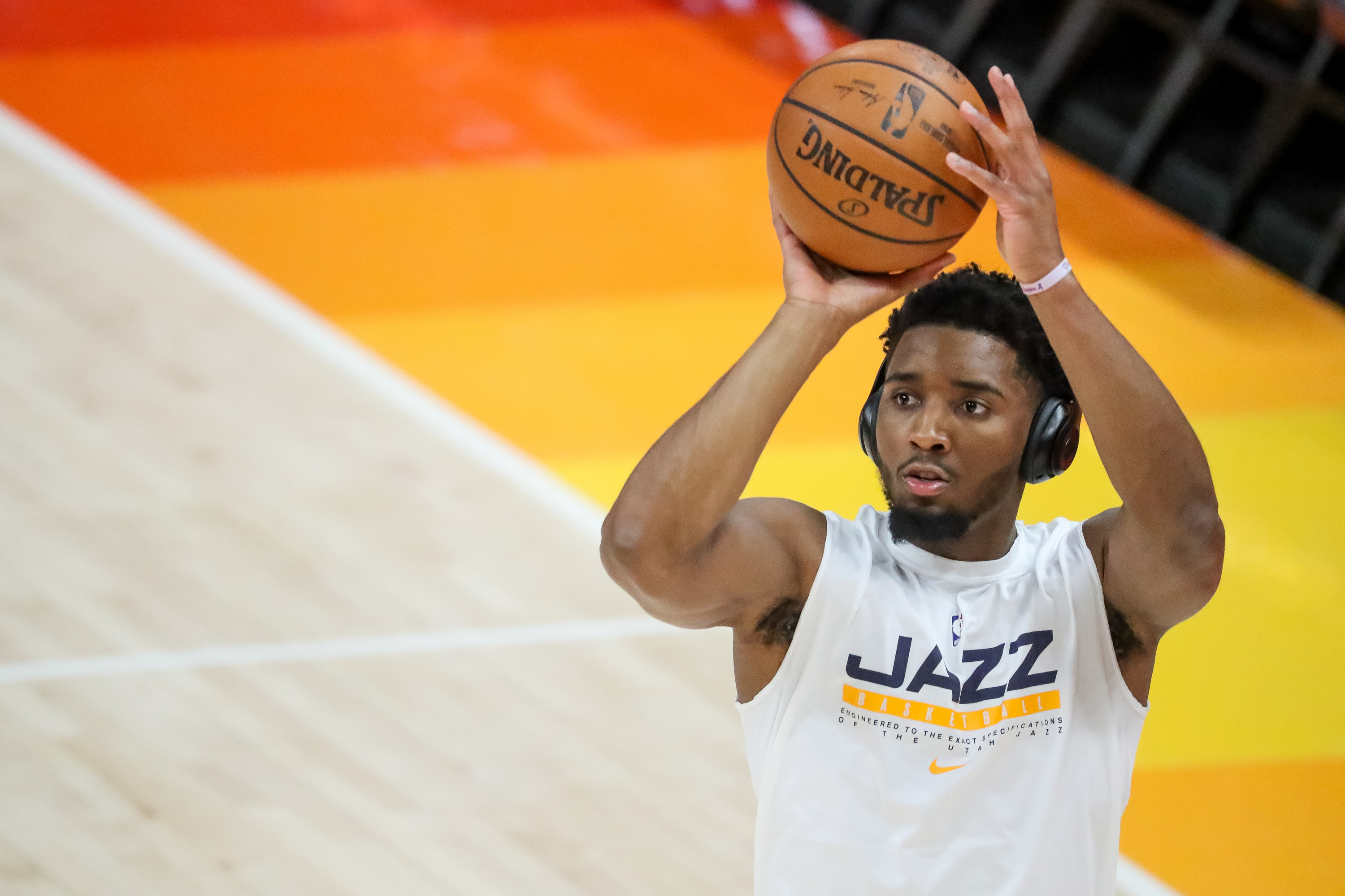 Utah Jazz guard Donovan Mitchell warms up before playing the LA Clippers in Game 1 of the Western Conference semifinals at Vivint Smart Home Arena in Salt Lake City on Tuesday, June 8, 2021.
