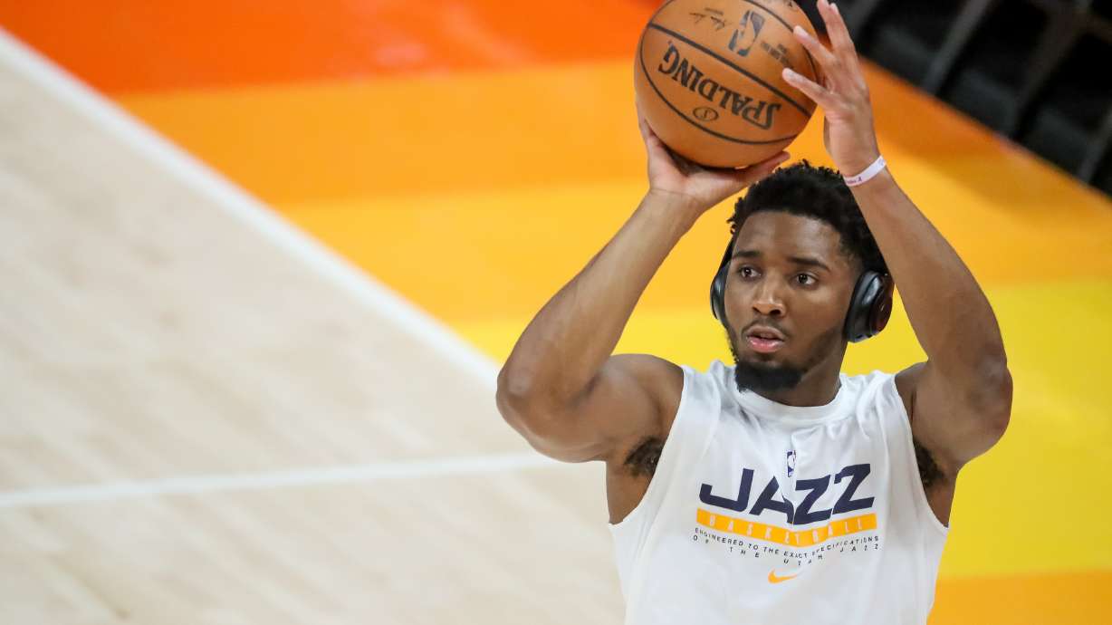 Utah Jazz guard Donovan Mitchell (45) warms up before playing the LA Clippers in Game 1 of the Western Conference semifinals at Vivint Smart Home Arena in Salt Lake City on Tuesday, June 8, 2021.