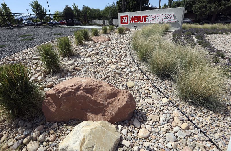 Water-efficient landscaping and rockscapes at Merit
Medical are pictured in South Jordan on Monday, June 28,
2021.