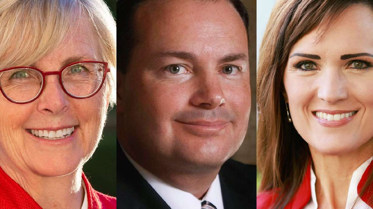Former state lawmaker Becky Edwards, left, Sen. Mike Lee, R-Utah, and longtime communications, public policy and
campaign strategist Ally Isom plan to run for Lee’s Senate seat.