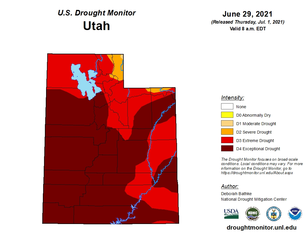 This map, released on Thursday, July 1, 2021, shows Utah's drought situation as of June 29, 2021. The map lists 98% of Utah in at least "extreme" drought based on soil moisture levels and other factors.