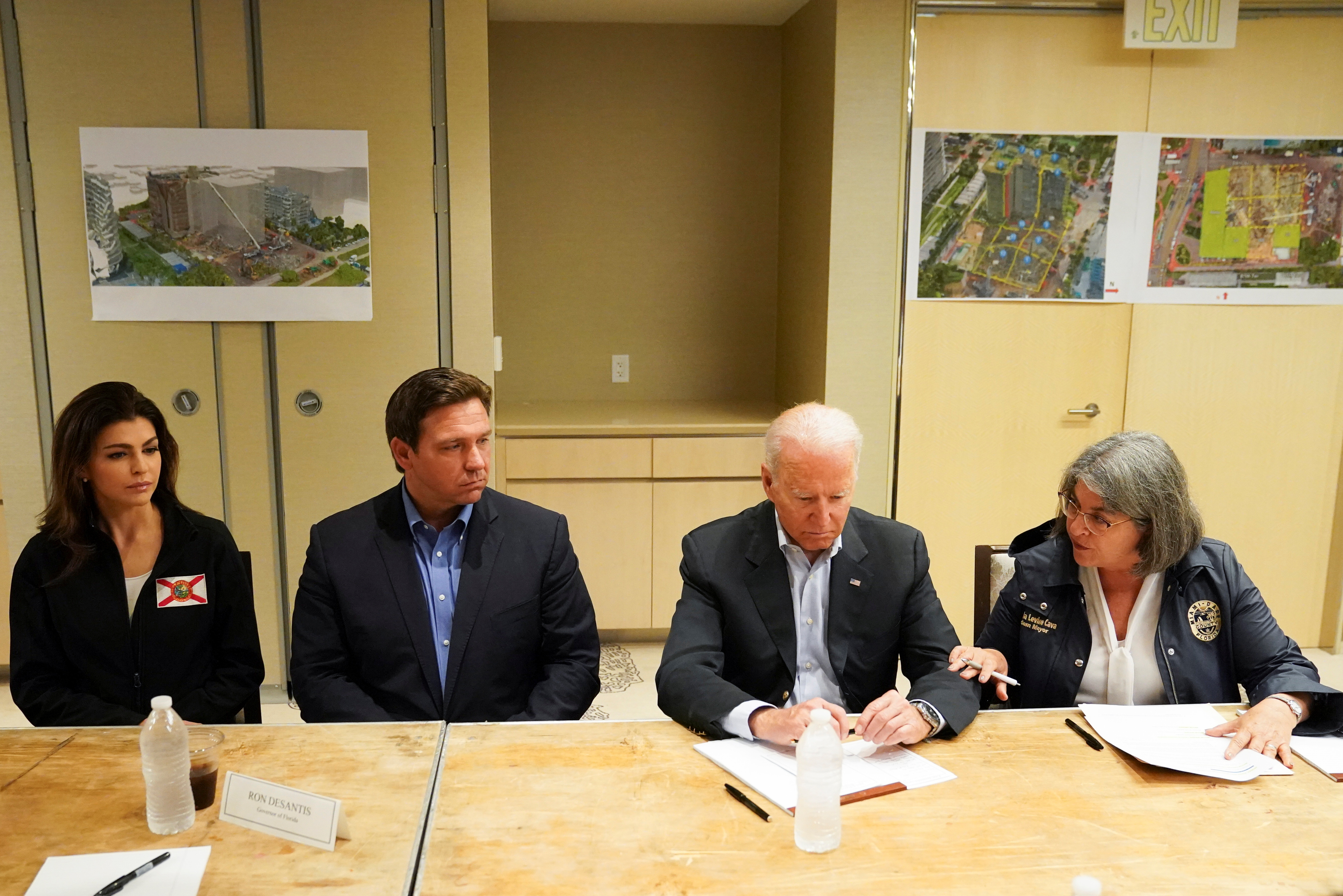 U.S. President Joe Biden participates in a briefing about the building collapse in Surfside alongside Florida's Governor Ron DeSantis and Miami-Dade County Mayor Daniella Levine Cava, in Miami, Florida U.S., July 1, 2021.