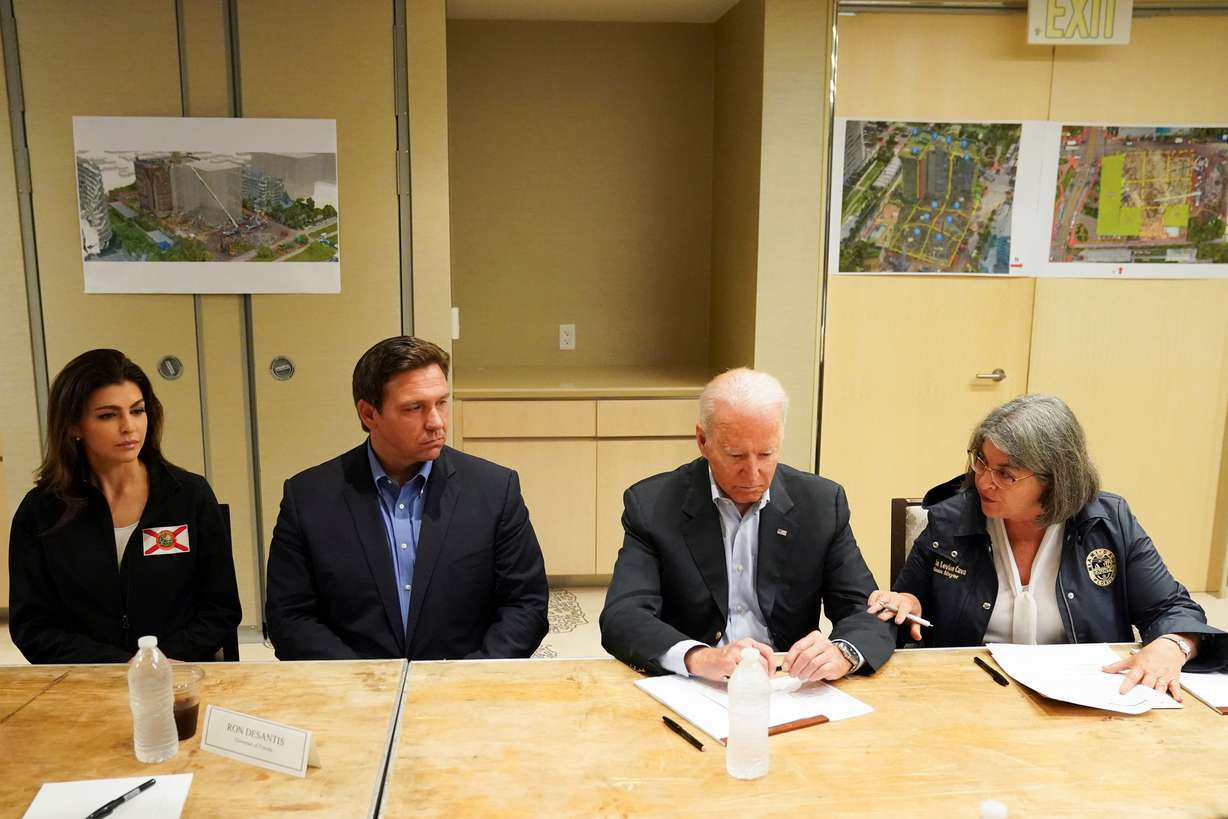 U.S. President Joe Biden participates in a briefing about the building collapse in Surfside alongside Florida's Governor Ron DeSantis and Miami-Dade County Mayor Daniella Levine Cava, in Miami, Florida U.S., July 1, 2021.