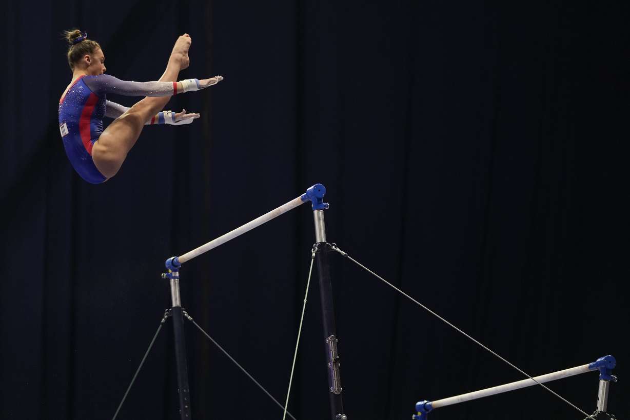 Grace McCallum competes on the uneven bars during the women's U.S. Olympic Gymnastics Trials Friday, June 25, 2021, in St. Louis.