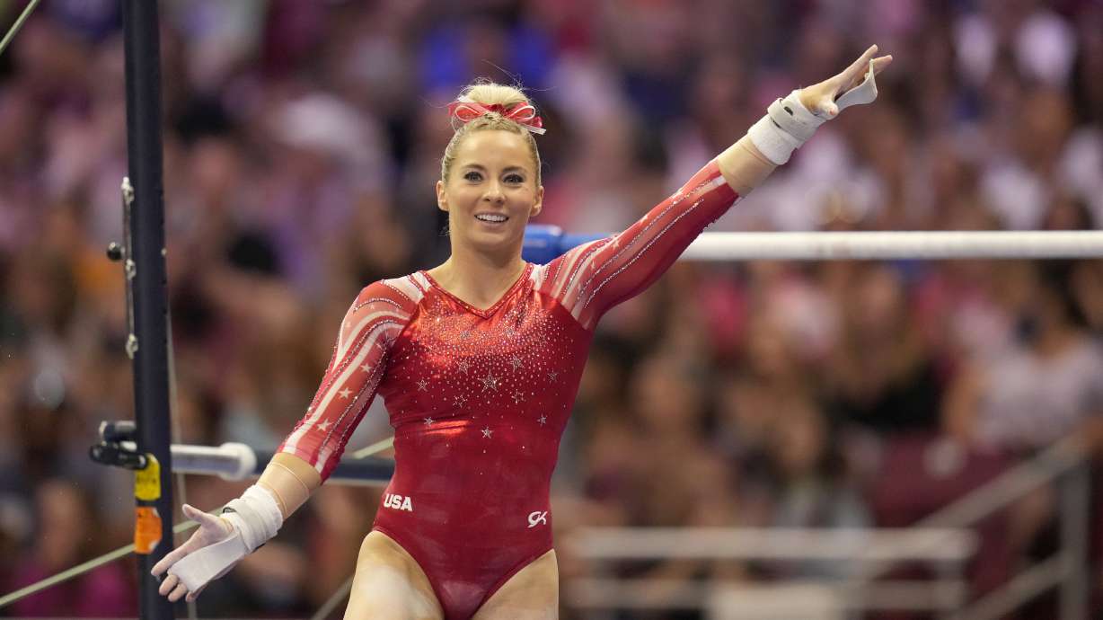 MyKayla Skinner after competing on the uneven bars during the women's U.S. Olympic Gymnastics Trials Friday, June 25, 2021, in St. Louis.