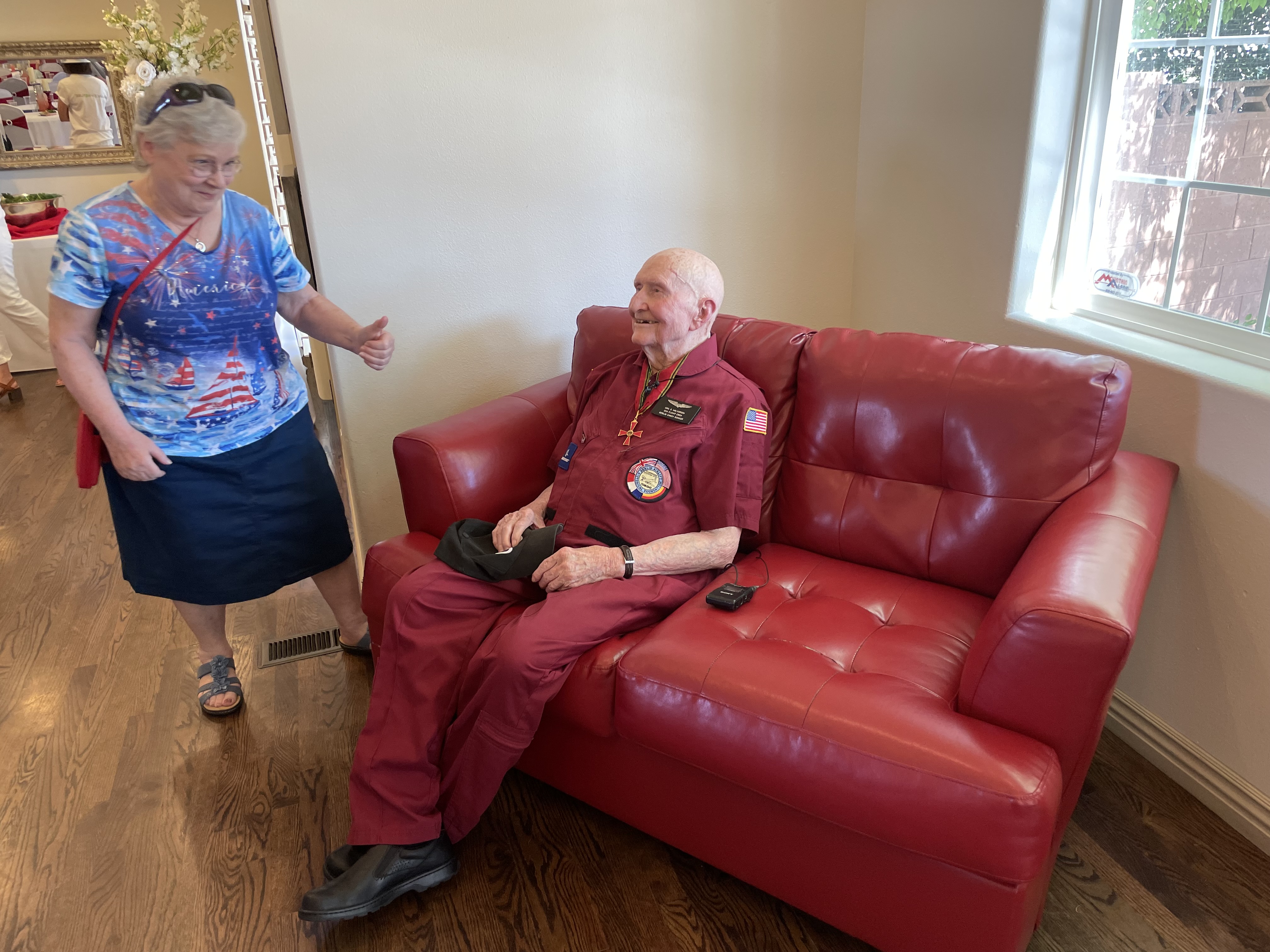 Gail Halvorsen, the Candy Bomber, greets Regine Lovely in St. George on July 3. Lovely was one of the first children in Germany who received candy from Halvorsen's candy drops after World War II. Utah's congressional delegation recently introduced a bill to rename the Provo Vet Center in honor of Halvorsen.