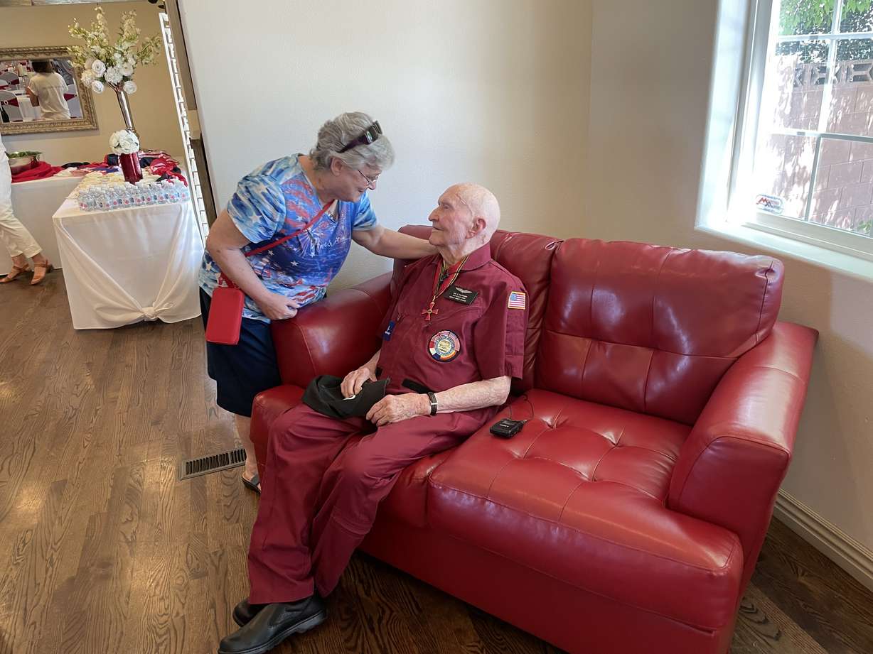 Gail Halvorsen, the Candy Bomber, greets Regine Lovely in St. George on July 3, 2021. Lovely was one of the first children in Germany who received candy from Halvorsen's candy drops after World War II.