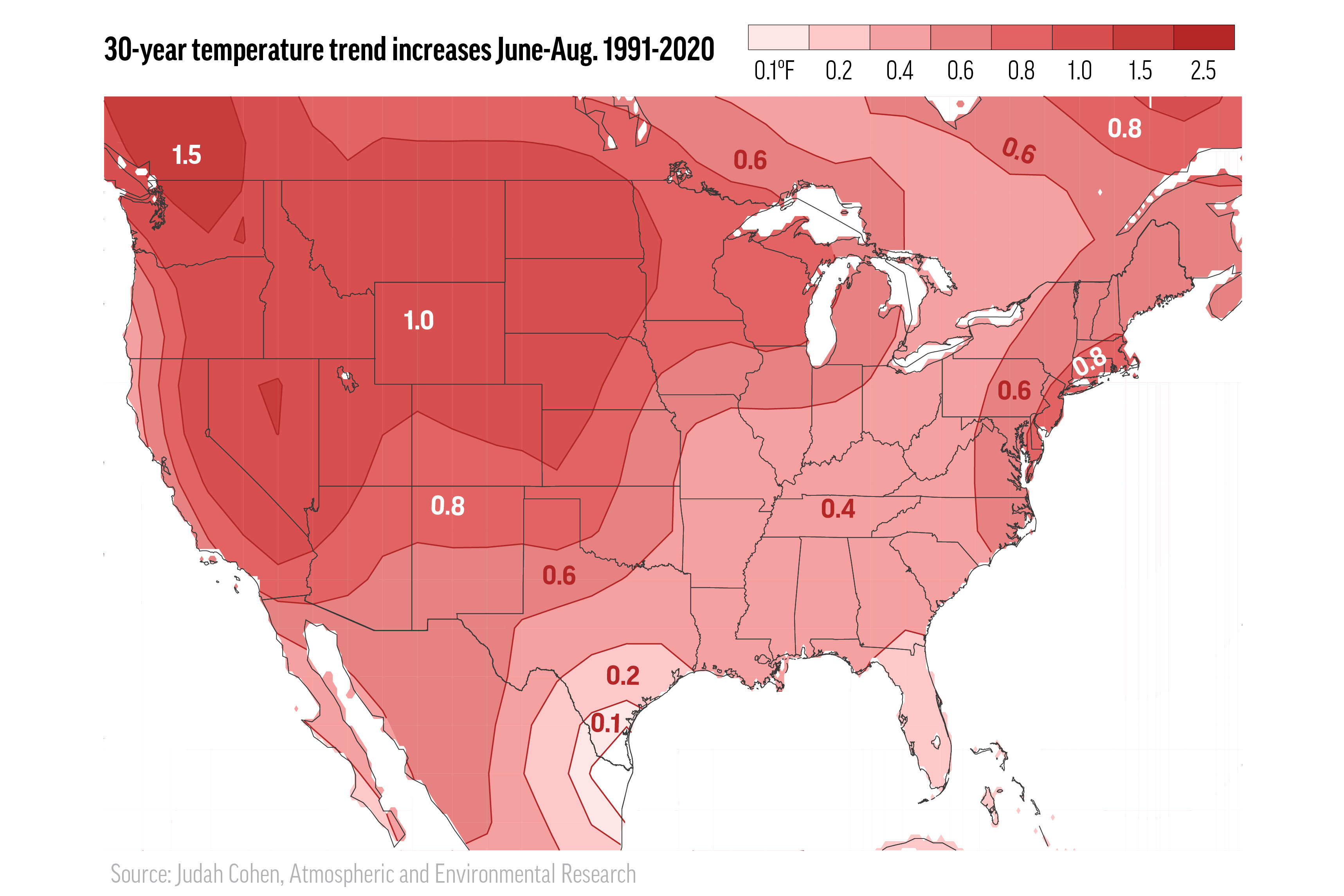 This illustration made from data provided by the Atmospheric and Environmental Research/Verisk in July 2021 shows a 30-year summer heat trend map for the continental United States by the company. “The ridiculous temperatures in the Pacific Northwest may on one hand be considered a black swan (ultra-rare) event, but on the other hand are totally consistent with multi-decadal trends,” says meteorologist Judah Cohen.